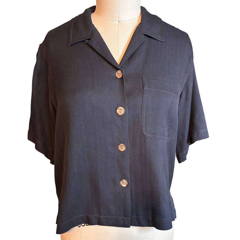 Tommy Bahama Silk Button Down Womens S Black Excellent Camp Collar Herringbone
